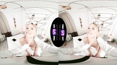 Glam blonde waits for dude in bed