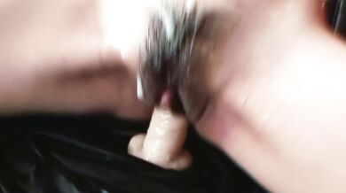 Cum lands on Karen´s pretty face as she fuck her toys