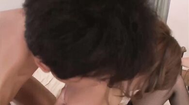 Aika sucks tool while is screwed in 3some