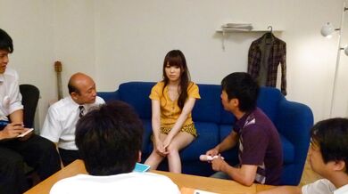 Moe Sakura gives guys a japan blowjob while masturbating