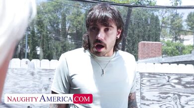 Busty Milf Billie Jean Austin gives her son's friend a present, two big ol' tits to suck and fuck