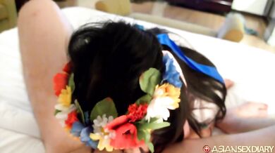 Bald pussy Asian mom gives nice head with her shirt on and no panties
