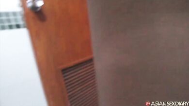 No time to waste, petite Filipina girl gets a soft warm screw against bathroom wall