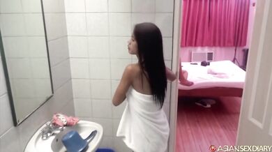 Busty Filipina girl showers and lets new white BF explore her body