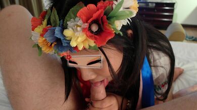 Asian Ukraine resident in costume explored and fed cock