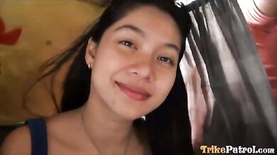 Sultry raven-haired Filipina tart in blue dress drains cum from foreign cock