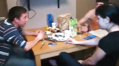 Roommates fuck two chicks on a large bed