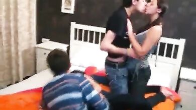 Roommates fuck two chicks on a large bed