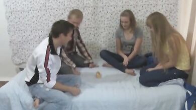 Naive teen cuties enjoy a quick foursome