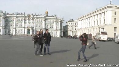 Cultural walk turns into dirty foursome fuck