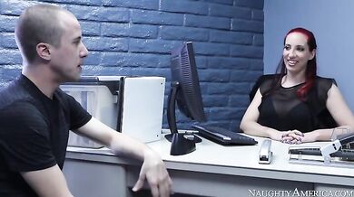 Red head Kelly Divine fucking in the desk with her tits