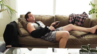 Bridgette B. fucking in the living room with her tits