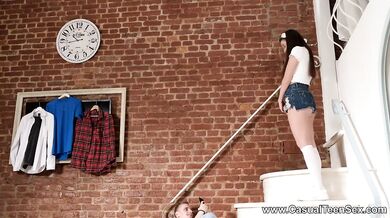 Nerdy gal fucked on the stairs