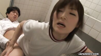 School girl Kaede Oshiro rides virgin guy at the toilet