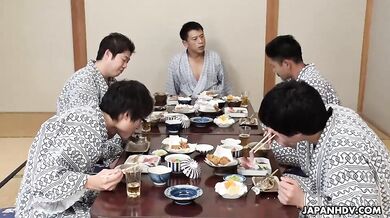 Hikaru Kirishima is in her kimono as the hostess of a office party orgy
