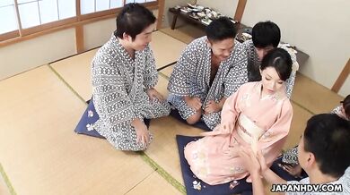 Hikaru Kirishima is in her kimono as the hostess of a office party orgy