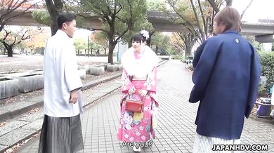 Kimono lady Tsuna Kimura is fucked by three men