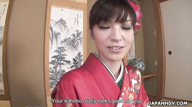 Yuria Tominaga in kimono gets things on her pussy