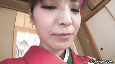 Yuria Tominaga in kimono gets things on her pussy