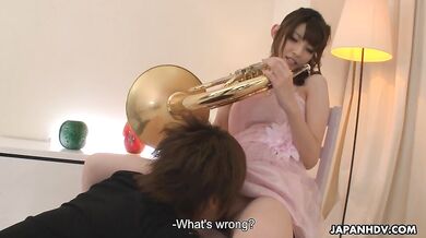 Leering Kanako Iioka fucked with horn by a fan