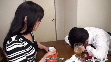 Risa Kurokawa fucked next to drunk hubby