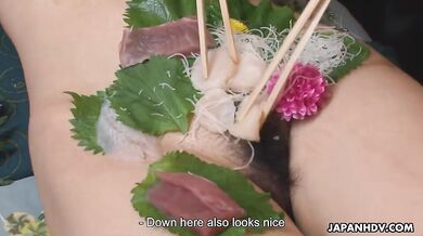 Pretty girl is pretending to be a food plate